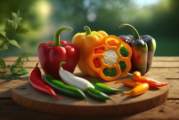 Pimientos con rodajas en una mesa de madera con jardín de pimientos en AI generativa de fondo