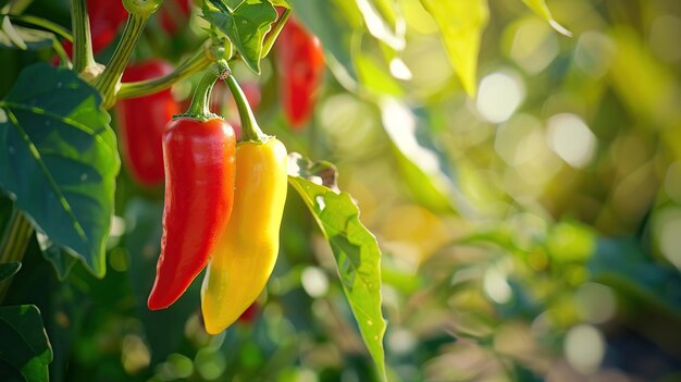 Pimientos rojos y amarillos colgando de una rama