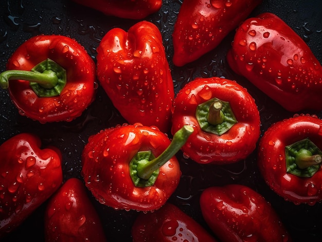 Pimientos rojos en una bandeja negra con gotas de agua sobre ellos