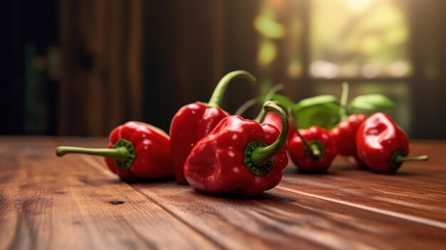 Pimientos rojos de Habanero en una superficie de madera