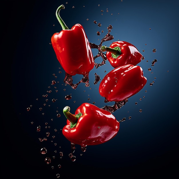 Pimientos rojos maduros flotando en el aire contra un telón de fondo de gradiente vertical