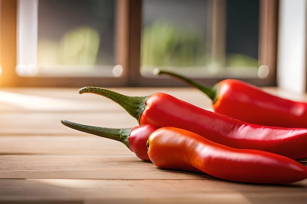 Pimientos rojos en una mesa de madera