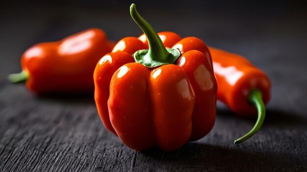 Pimientos rojos recién cosechados en una superficie oscura