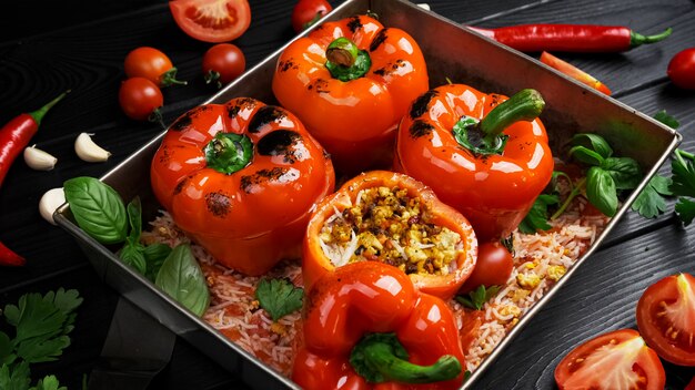 Pimientos rojos rellenos con cebolla de arroz en la vista superior de fondo de piedra negra plana