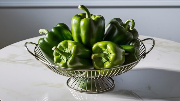 Pimientos verdes en una canasta metálica en una mesa de mármol