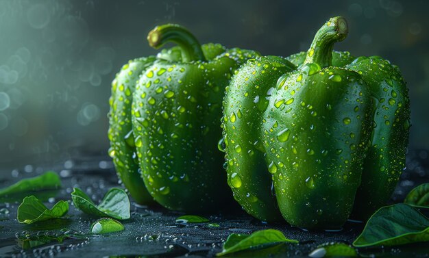 Pimientos verdes con gotas de agua en un fondo oscuro