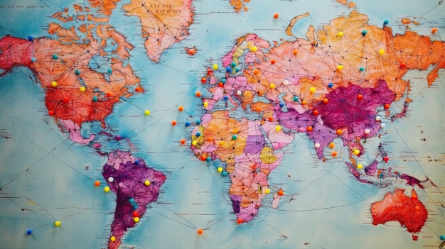 Pin del mapa mundial en un mapa con fondo de rutas IA generativa