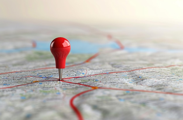Un pin rojo brillante en un mapa detallado simboliza los conceptos de viaje y navegación de destino