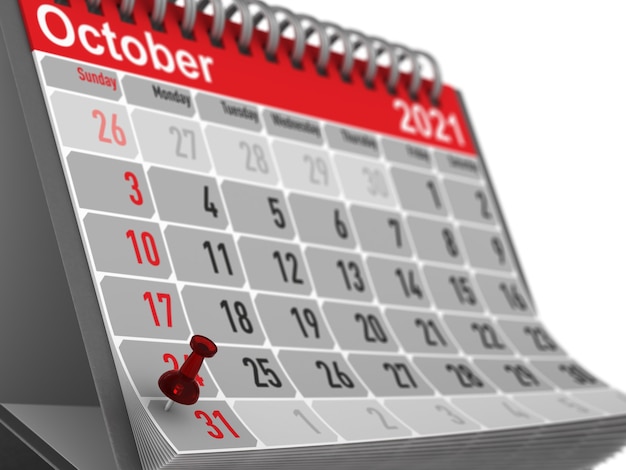 Pin rojo que marca el día de halloween en el calendario sobre fondo blanco. Ilustración 3D aislada