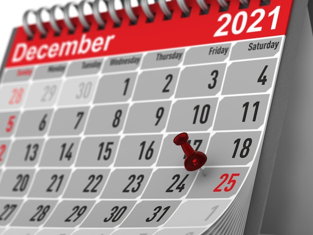 Pin rojo que marca el día de Navidad en el calendario sobre fondo blanco. Ilustración 3D aislada