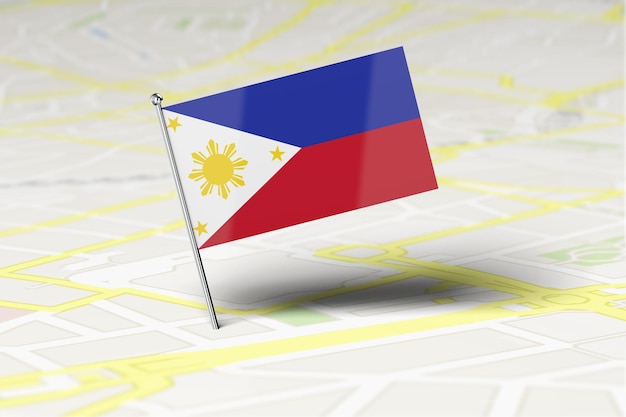 Pin de ubicación de la bandera nacional de Filipinas pegado en un mapa de carreteras de la ciudad 3D Rendering