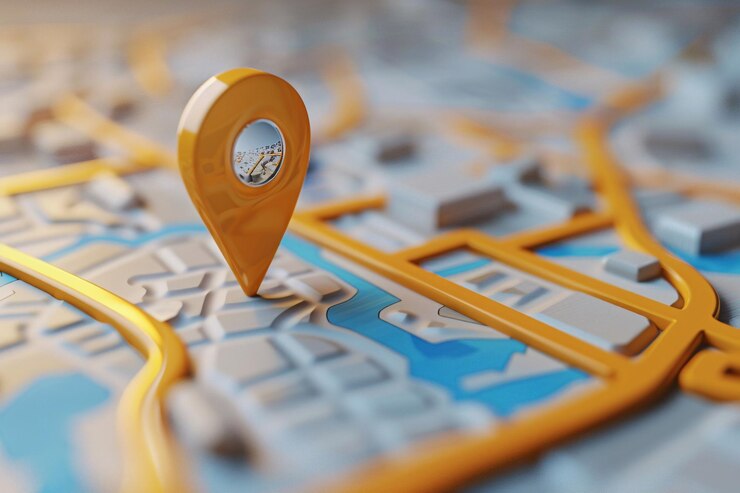 Pin de ubicación del mapa que muestra la ruta resaltada a un destino específico