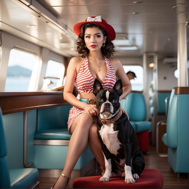 Pin up garota com um Boston Terrier em um navio de cruzeiro