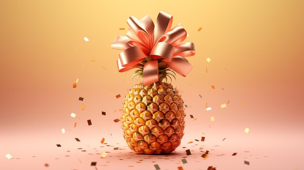 Una piña con un arco rosa está representada en un fondo de melocotón confeti dorado está esparcido en el