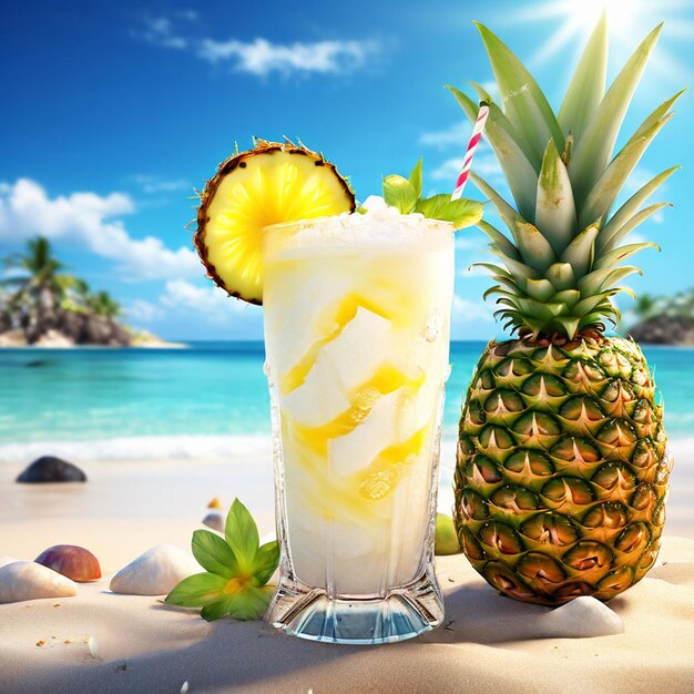 una piña y una bebida de piña están en una playa