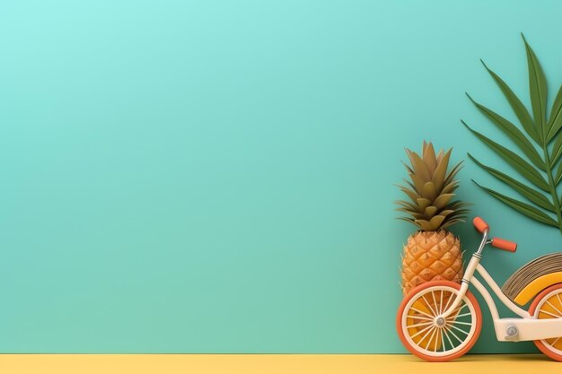 Piña de bicicleta blanca aislada y hoja tropical en fondo azul con espacio de copia generado por ai