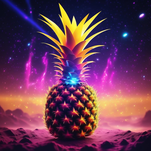 Piña brillante de neón con fondo tropical concepto de verano piña brillante de neon con tro