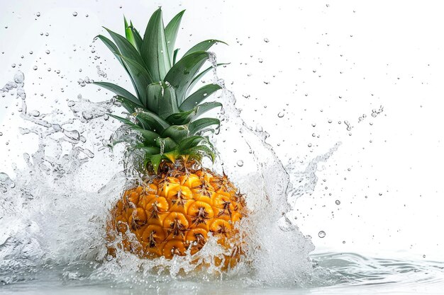 Foto la piña cae en el agua y cae y salpica la fruta sobre un fondo blanco con salpicaduras de agua