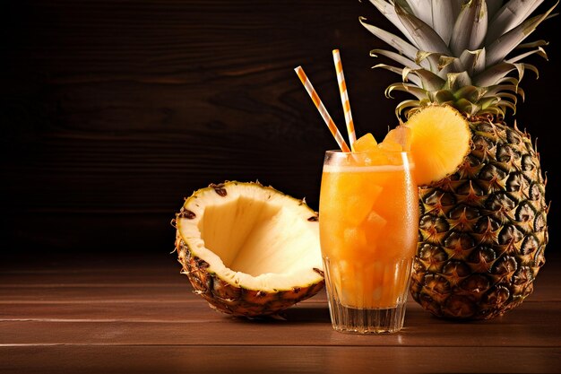 Piña con cáscaras de coco y una pajita para una bebida tropical