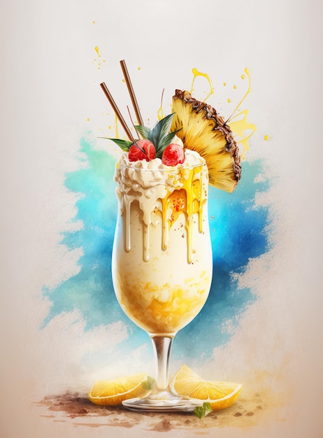 Pina colada bebida de verão bebida de abacaxi coquetel de aquarela