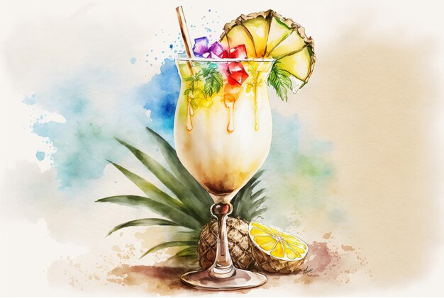 Pina colada bebida de verão bebida de abacaxi coquetel de aquarela