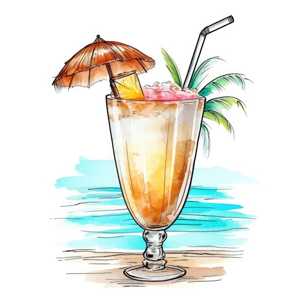 Pina Colada Cocktail isoliert auf weiß, gezeichnet mit generativer Aquarell-KI