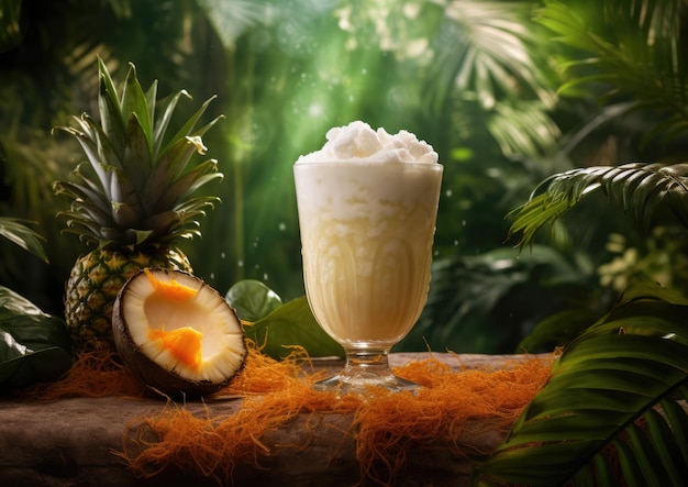 Una piña colada rodeada de exuberante vegetación creando una escena inspirada en la jungla