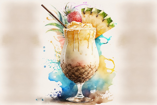 Pina Colada Sommergetränk Ananasgetränk Aquarell-Cocktail