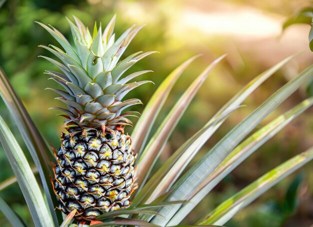 Foto la piña crece en un árbol en el jardín de la cosecha en el sol eterno llamarada borrosa bokeh fondo ai generado