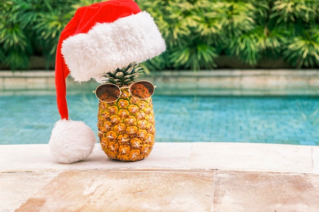 Piña divertida con gafas de sol y sombrero de santa claus contra la piscina y plantas tropicales en un clima soleado