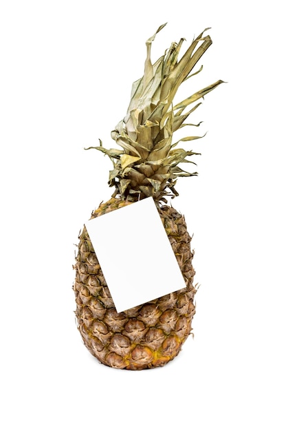 Piña con etiqueta en blanco sobre fondo blanco.