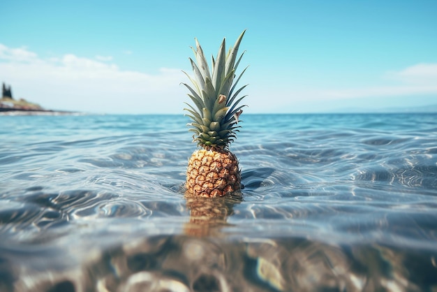 Una piña flotando en el océano.