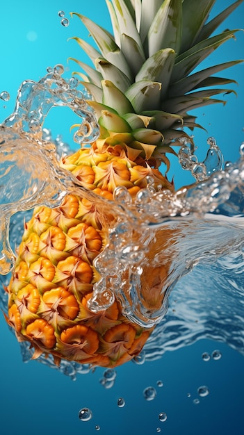 La piña fresca cae en el agua con salpicaduras y burbujas de aire