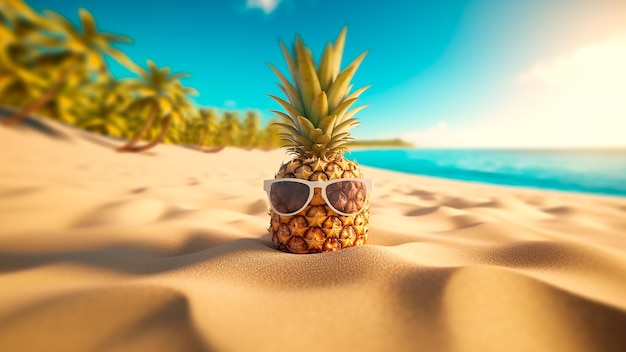 Una piña funky con gafas de sol en la arena de la playa IA generativa