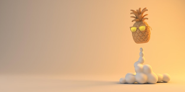 Piña con gafas de sol despegando con humo de dibujos animados Copia espacio ilustración 3D