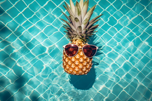 Una piña con gafas de sol flota en una piscina con gafas de sol.