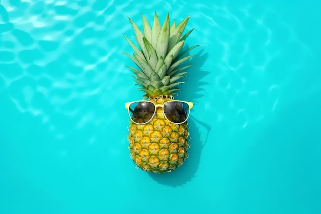 Piña con gafas de sol en una piscina azul