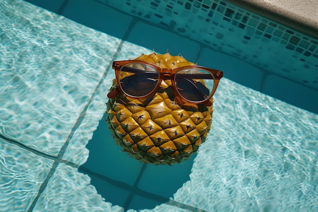 Una piña con gafas de sol en una piscina.