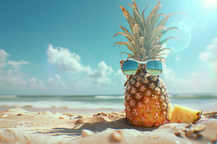 La piña con gafas de sol en una playa de arena con un fondo de océano vibrante capturando un divertido tema de vacaciones tropicales
