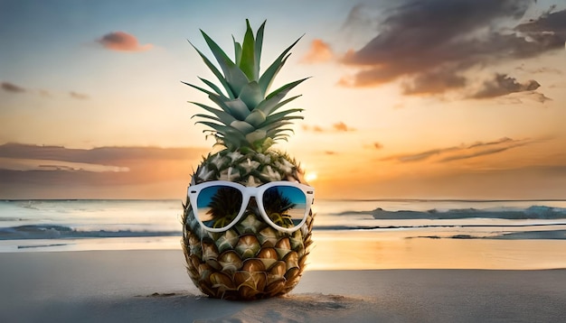 Una piña con gafas de sol en la playa.