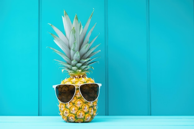 Piña con gafas de sol sobre fondo de madera azul concepto de verano AI