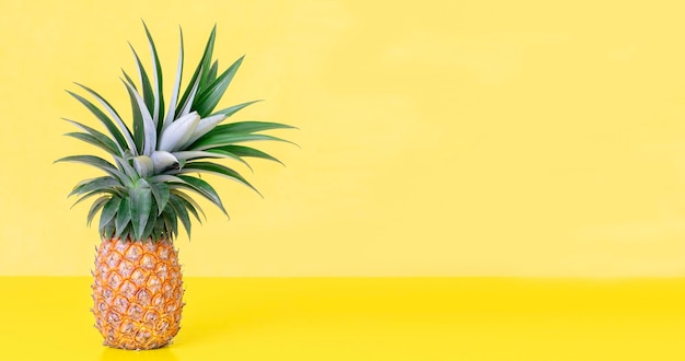 Piña grande y fresca sobre fondo amarillo brillante con espacio para copiar