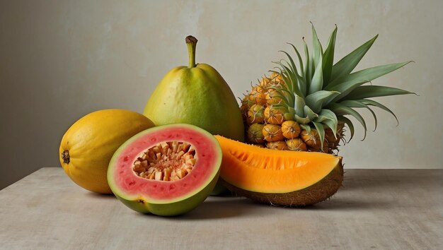 Foto una piña y una guayaba están en una mesa