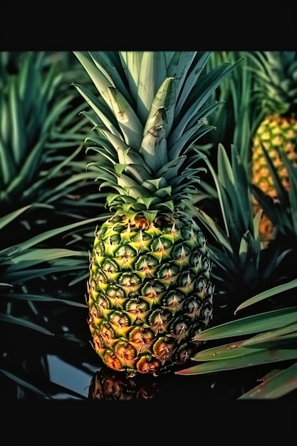 Una piña con hojas verdes y una punta blanca.