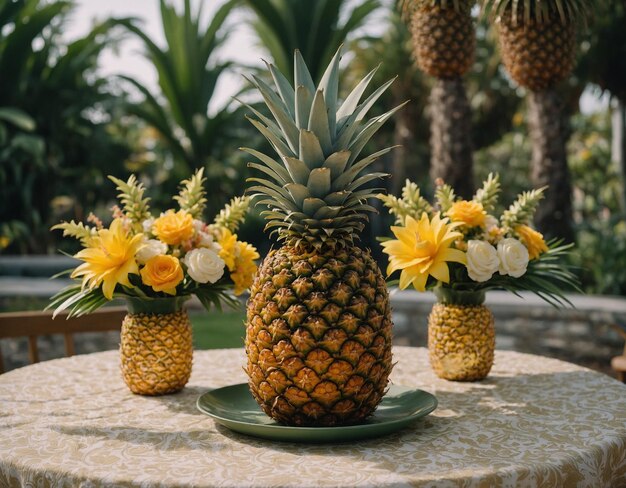 Foto una piña está en una mesa con flores en ella