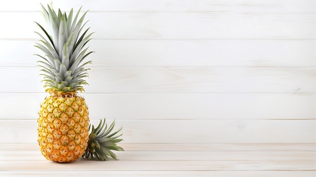 Piña en mesa de madera y fondo de pared de madera blanca Espacio de copia