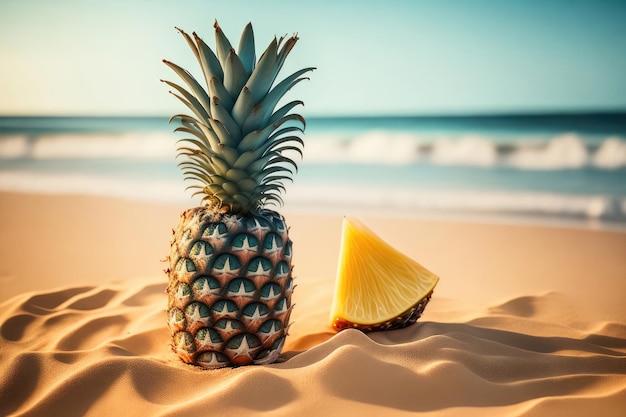 Piña en la playa con un cielo azul de fondo