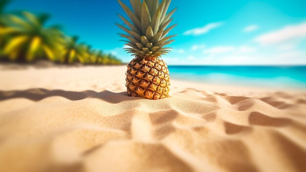 Una piña en una playa tropical con cielo azul y mar vacaciones IA generativa