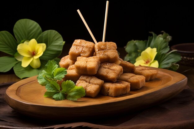 Piña con una rebanada cortada para sostener un pincho de seitan