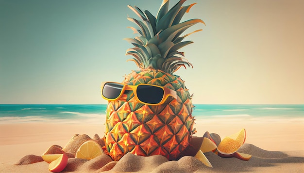 Piña relajarse en la playa Concepto de vacaciones de verano 3D estilo de ilustración copyspace